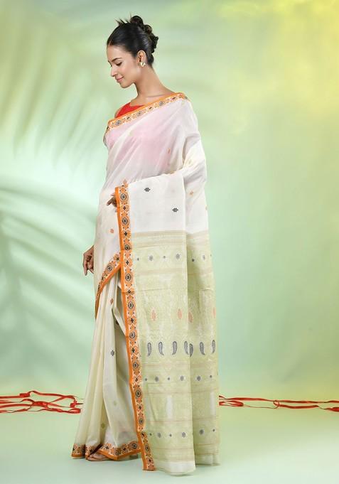 Off White Ethnic Motifs Tussar Silk Saree Set
