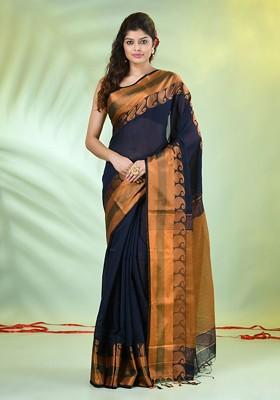 Navy Blue Zari Cotton Blend Saree Set