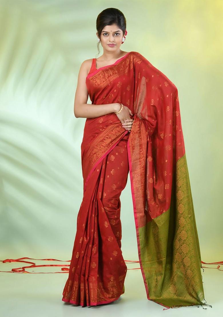 Red Ethnic Motifs Cotton Blend Saree Set