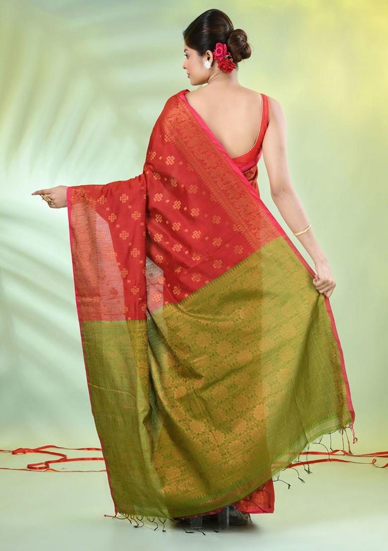 Red Ethnic Motifs Cotton Blend Saree Set