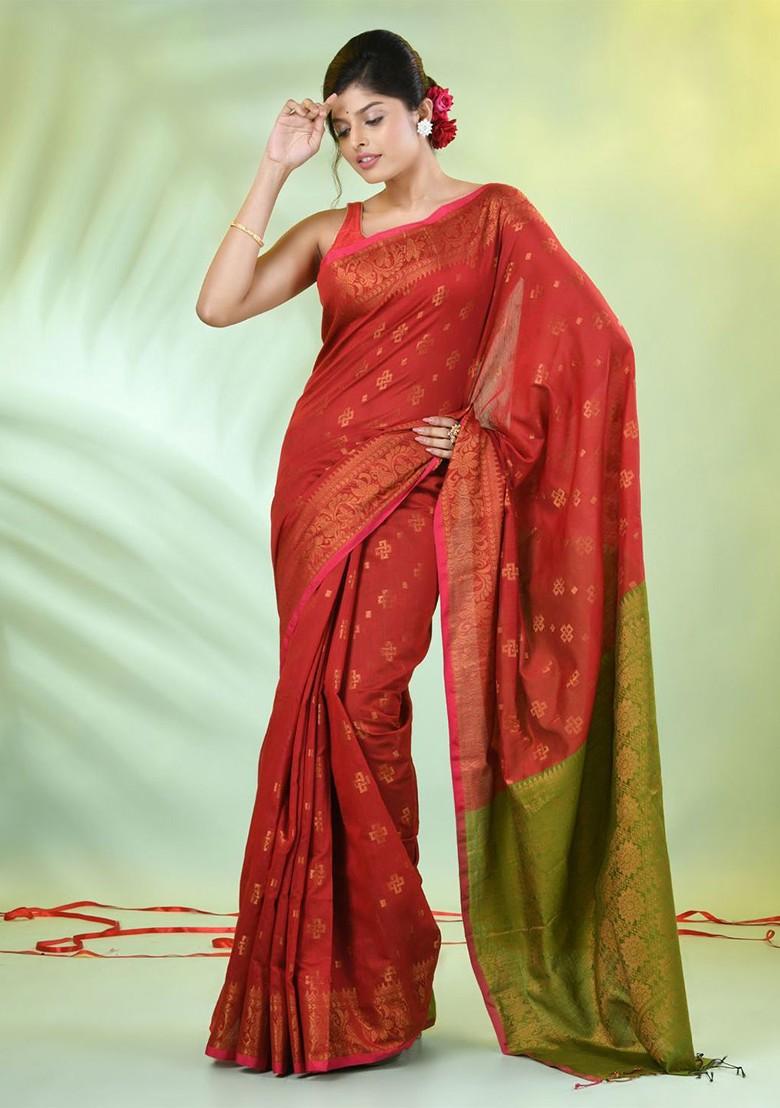 Red Ethnic Motifs Cotton Blend Saree Set