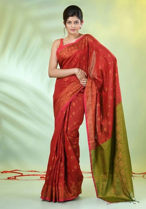 Red Ethnic Motifs Cotton Blend Saree Set