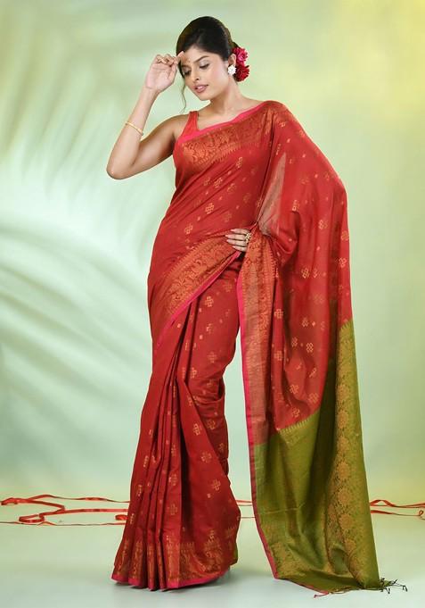 Red Ethnic Motifs Cotton Blend Saree Set