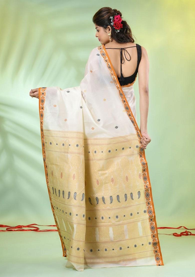 Off White Ethnic Motifs Tussar Silk Saree Set
