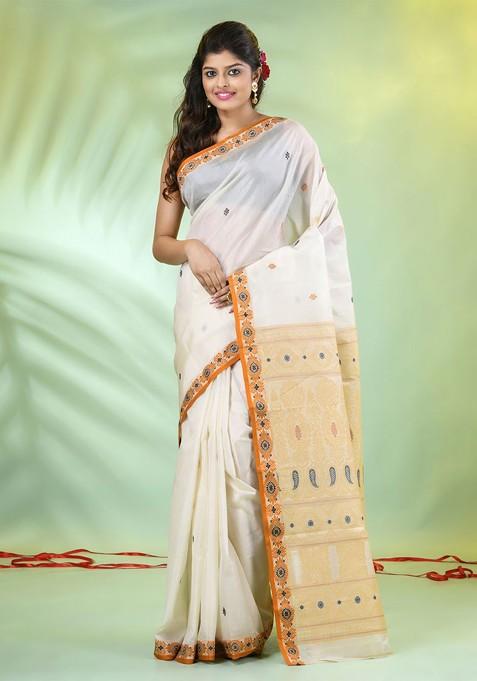 Off White Ethnic Motifs Tussar Silk Saree Set