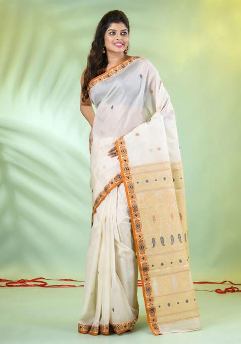 Off White Ethnic Motifs Tussar Silk Saree Set