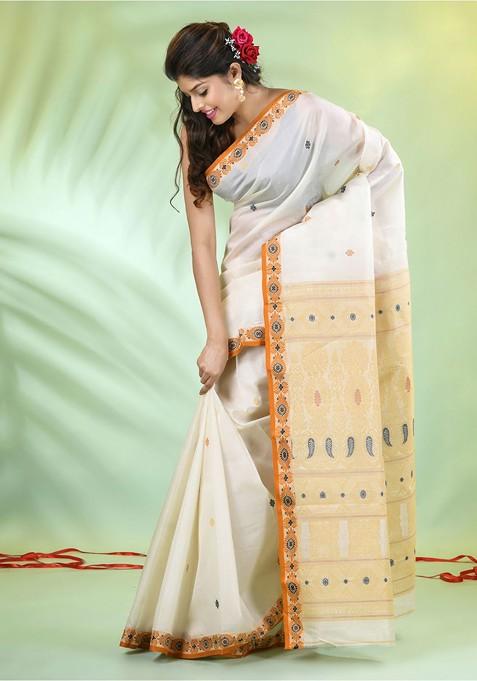 Off White Ethnic Motifs Tussar Silk Saree Set
