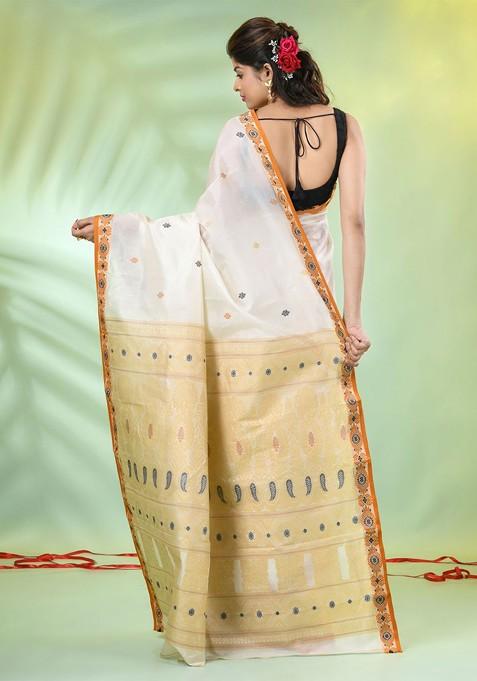 Off White Ethnic Motifs Tussar Silk Saree Set