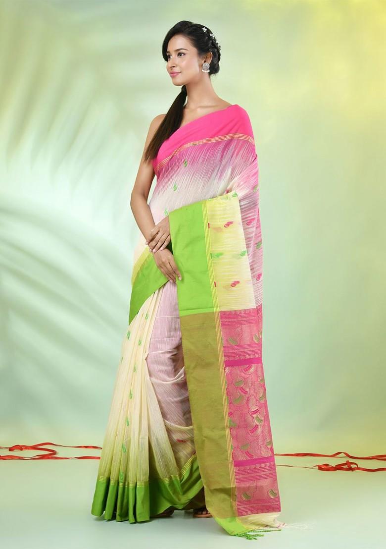 Off White Ethnic Motifs Cotton Blend Saree Set