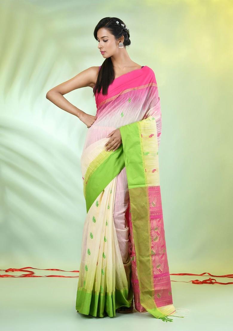 Off White Ethnic Motifs Cotton Blend Saree Set