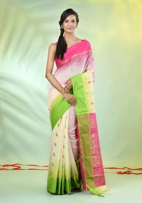 Off White Ethnic Motifs Cotton Blend Saree Set