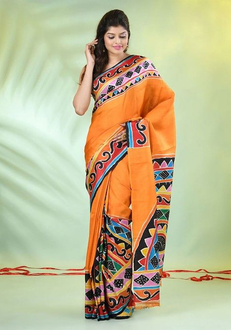 Orange Solid Pure Silk Saree Set