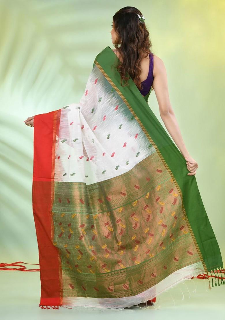 White Ethnic Motifs Cotton Blend Saree Set