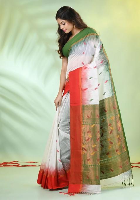 White Ethnic Motifs Cotton Blend Saree Set