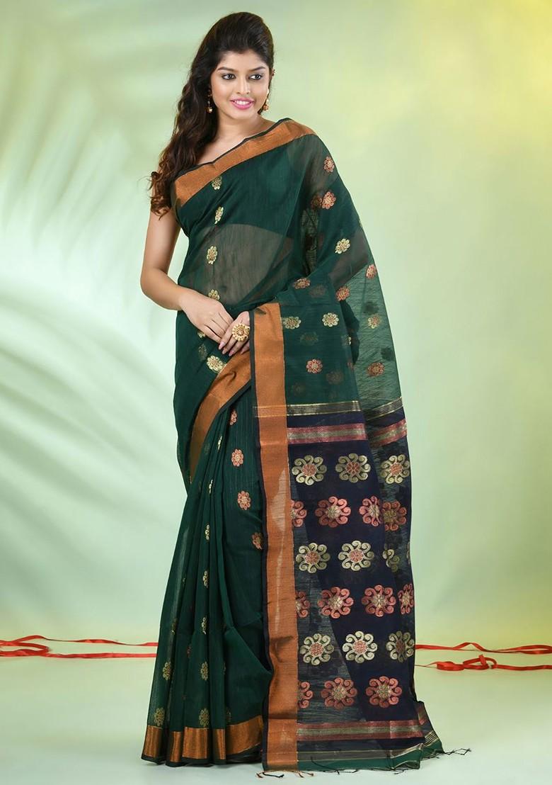 Green Ethnic Motifs Cotton Blend Saree Set