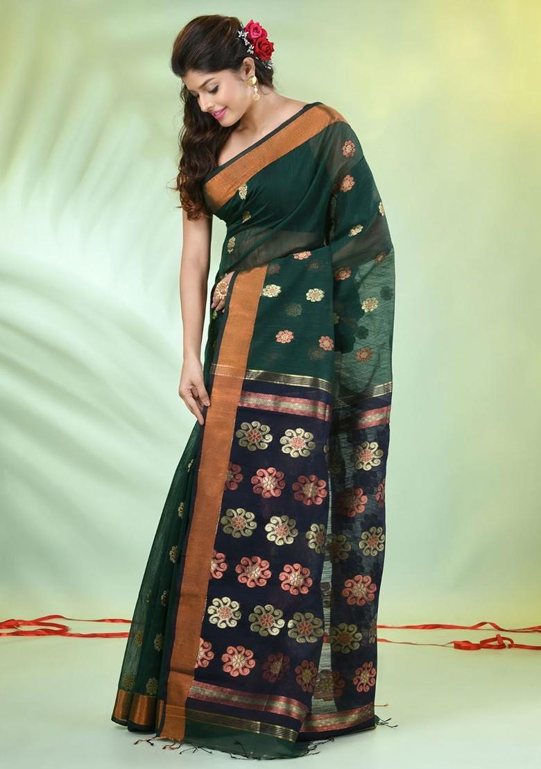 Green Ethnic Motifs Cotton Blend Saree Set