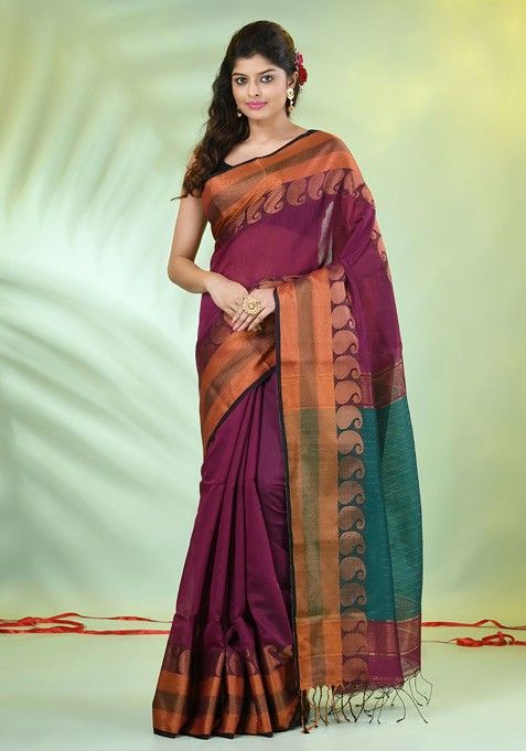 Magenta Woven Cotton Blend Saree Set