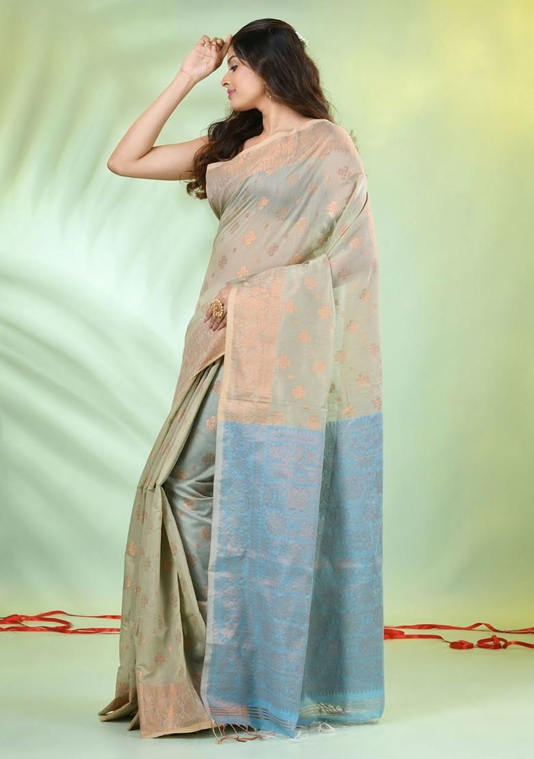 Beige Ethnic Motifs Cotton Blend Saree Set
