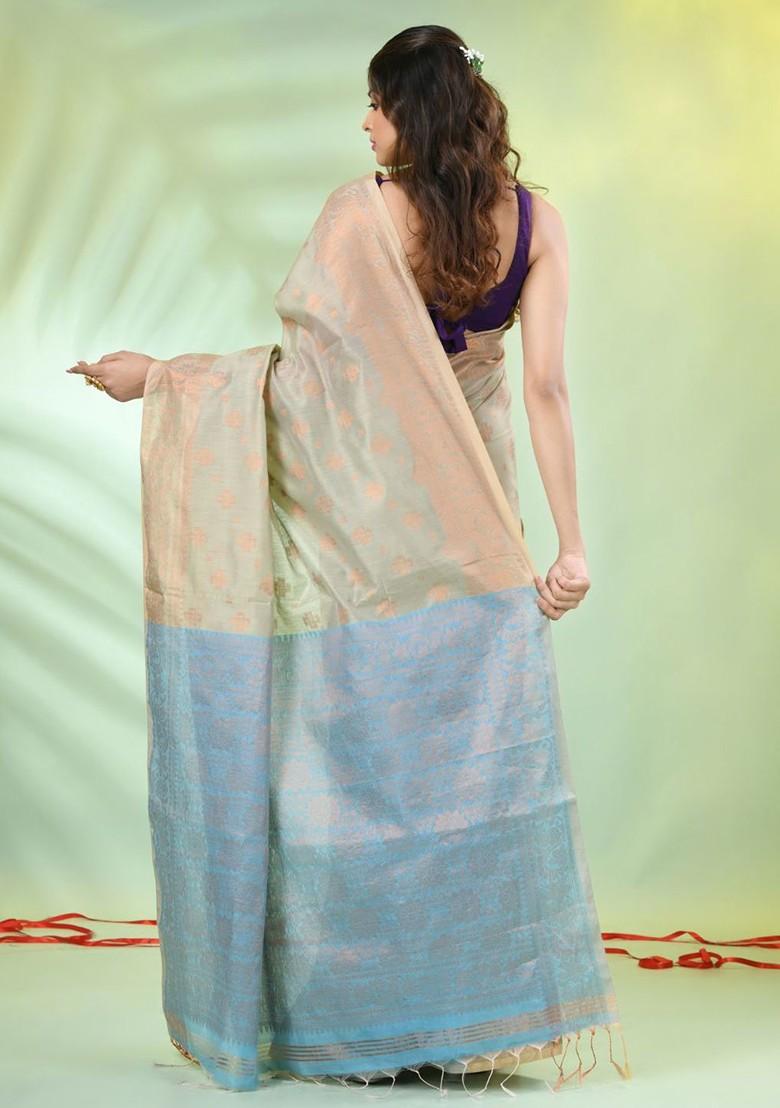 Beige Ethnic Motifs Cotton Blend Saree Set