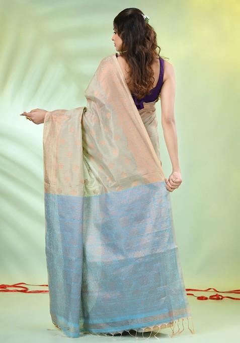 Beige Ethnic Motifs Cotton Blend Saree Set