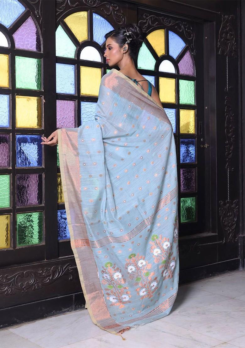 Blue Ethnic Motifs Cotton Blend Saree Set