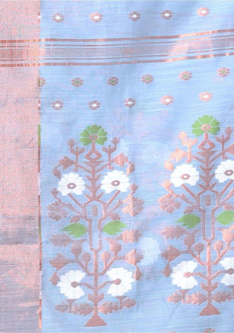 Blue Ethnic Motifs Cotton Blend Saree Set