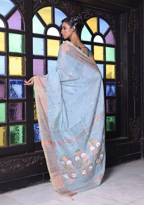 Blue Ethnic Motifs Cotton Blend Saree Set