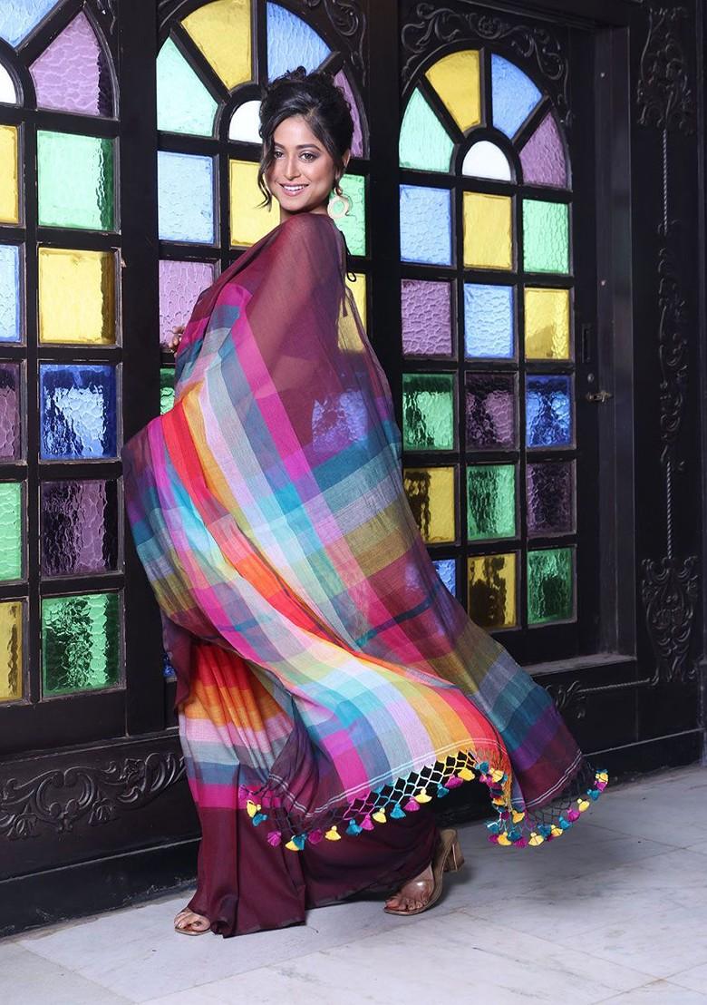 Maroon Colorblocked Mulmul Cotton Saree Set