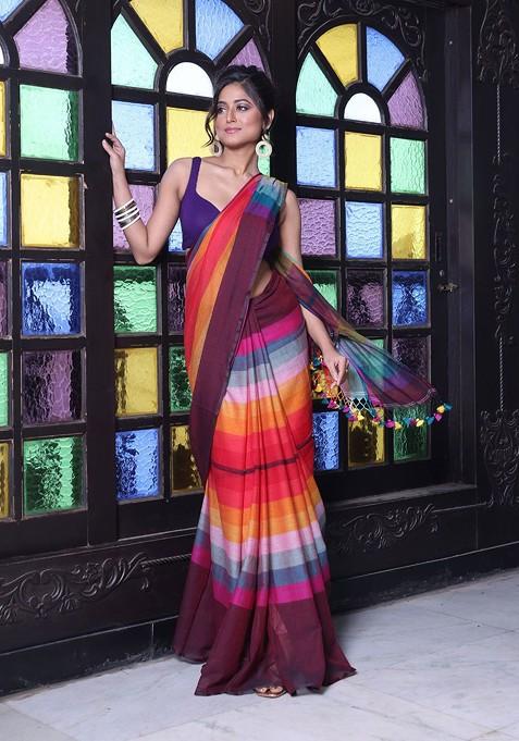 Maroon Colorblocked Mulmul Cotton Saree Set