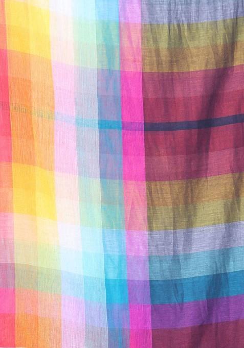 Maroon Colorblocked Mulmul Cotton Saree Set