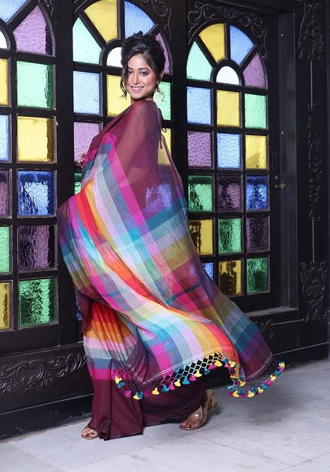 Maroon Colorblocked Mulmul Cotton Saree Set