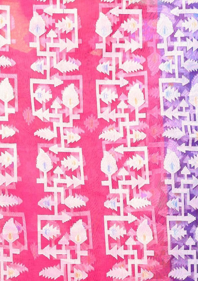 Fuchsia Pink Ethnic Motifs Muslin Saree Set