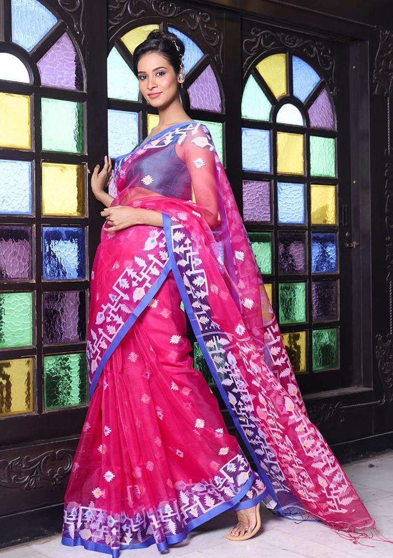 Fuchsia Pink Ethnic Motifs Muslin Saree Set