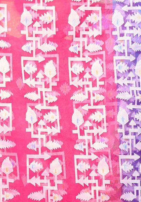 Fuchsia Pink Ethnic Motifs Muslin Saree Set