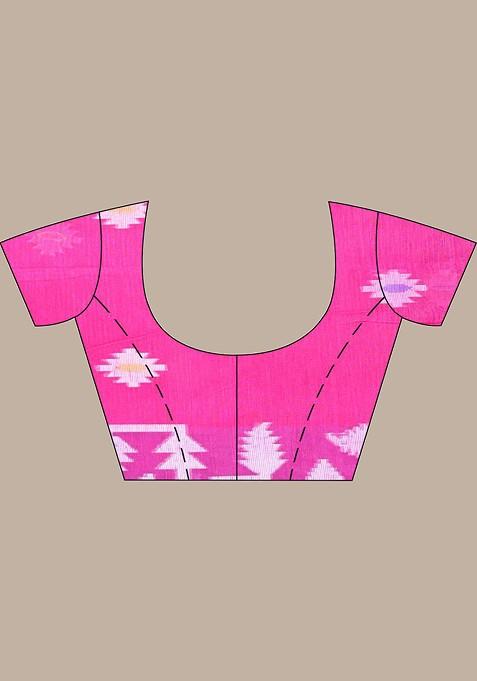 Fuchsia Pink Ethnic Motifs Muslin Saree Set