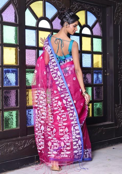 Fuchsia Pink Ethnic Motifs Muslin Saree Set