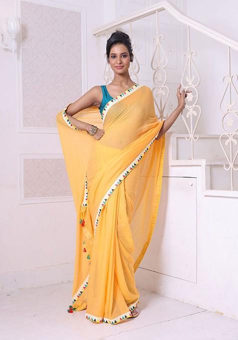 Yellow Patch Work Mulmul Cotton Saree Set