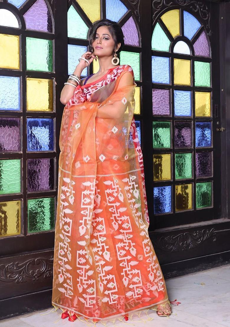 Orange Ethnic Motifs Muslin Saree Set