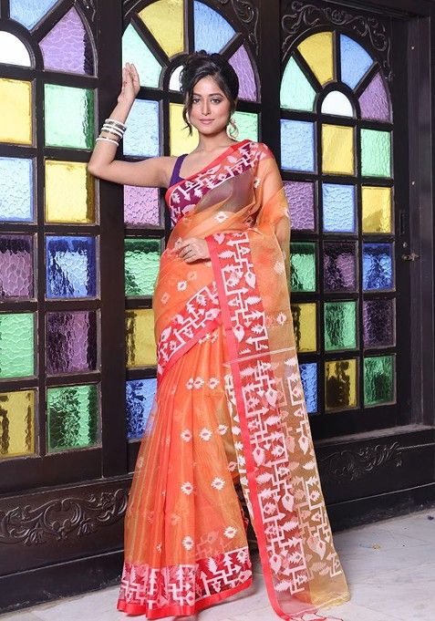 Orange Ethnic Motifs Muslin Saree Set