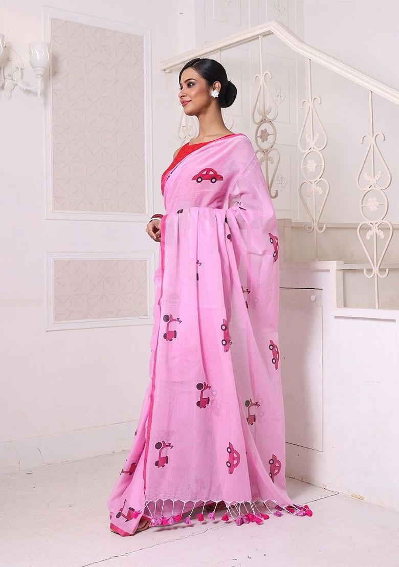Pink Printed Mulmul Cotton Saree Set