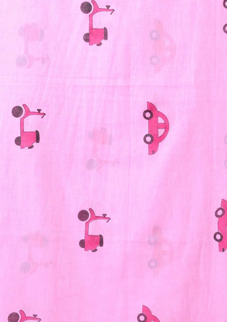 Pink Printed Mulmul Cotton Saree Set