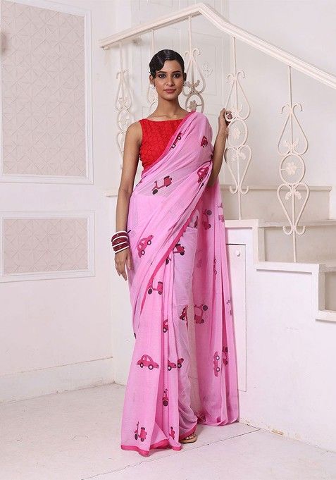 Pink Printed Mulmul Cotton Saree Set