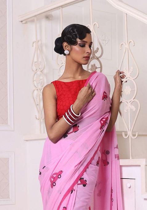 Pink Printed Mulmul Cotton Saree Set