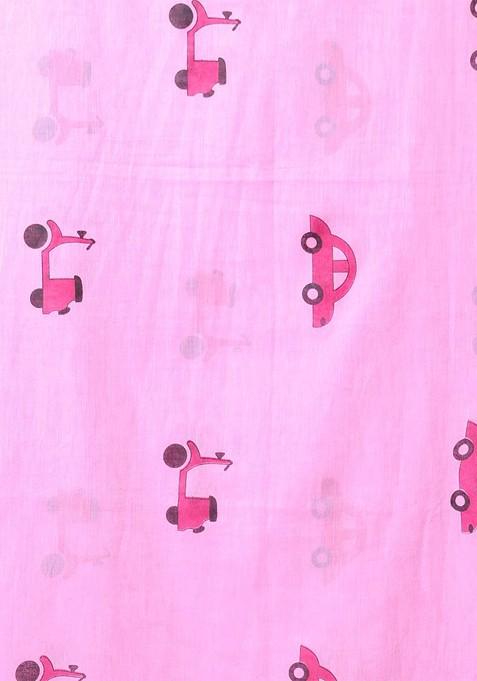 Pink Printed Mulmul Cotton Saree Set