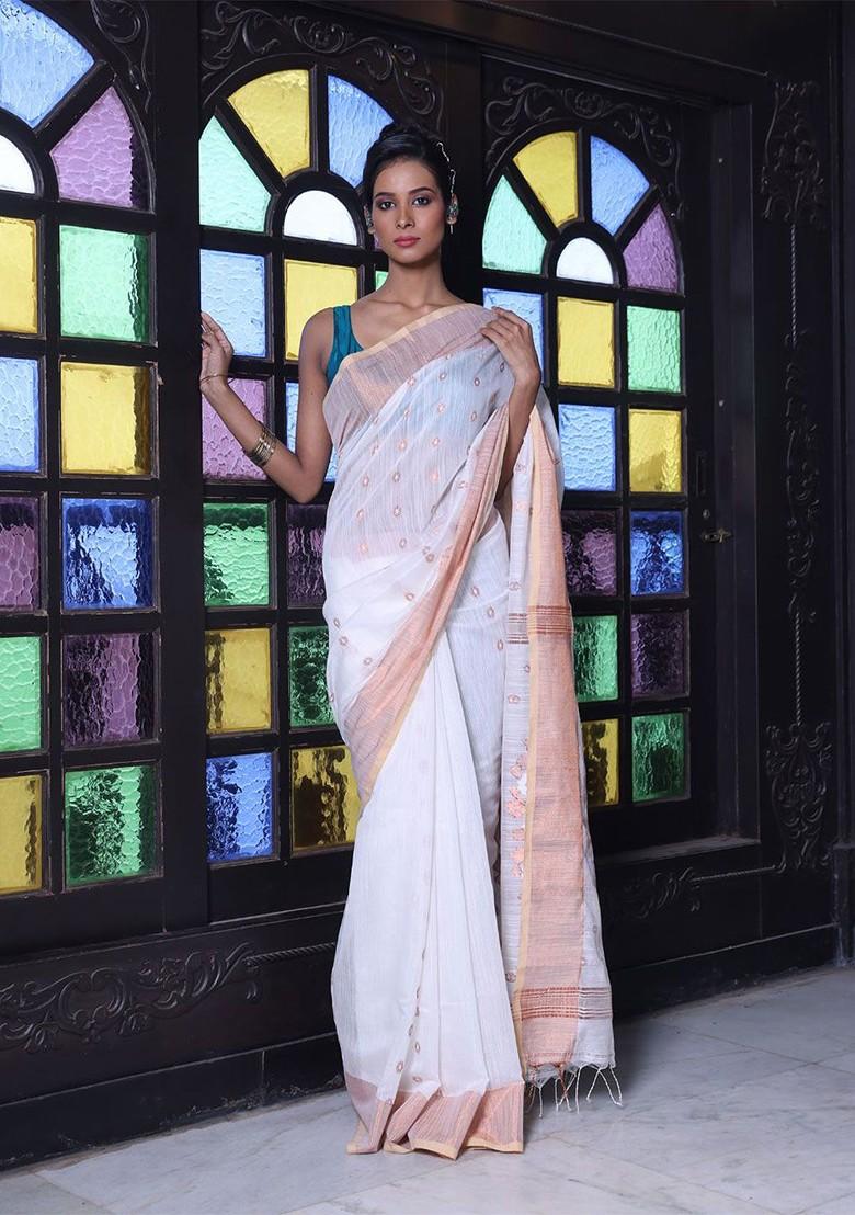 Off White Ethnic Motifs Cotton Blend Saree Set