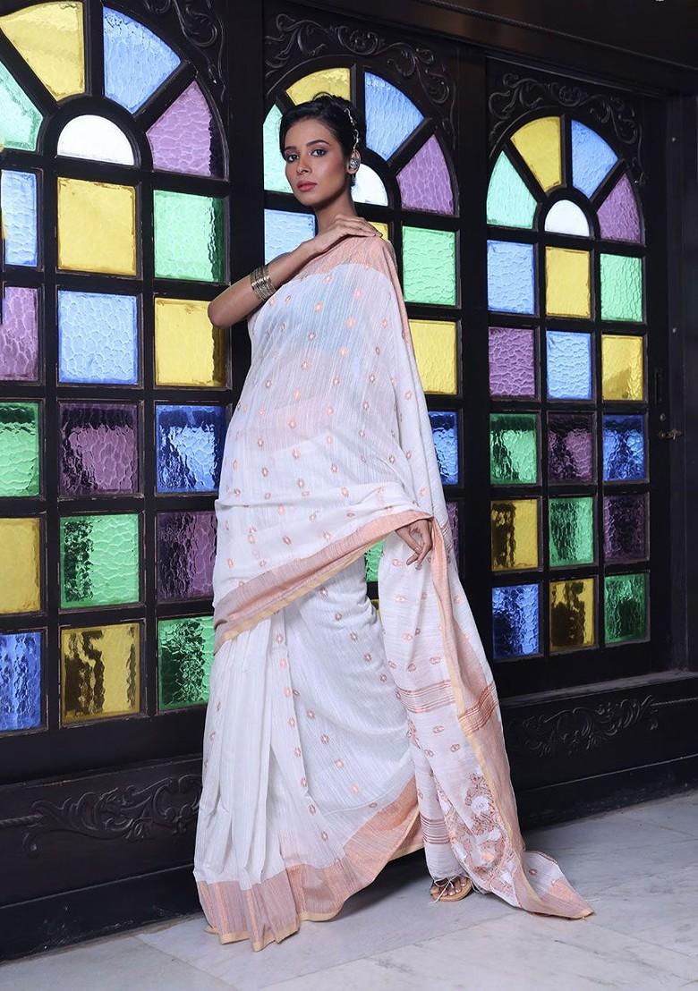 Off White Ethnic Motifs Cotton Blend Saree Set