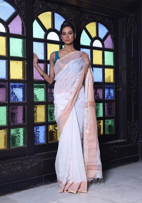 Off White Ethnic Motifs Cotton Blend Saree Set