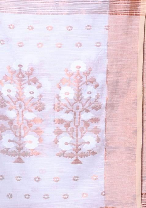 Off White Ethnic Motifs Cotton Blend Saree Set