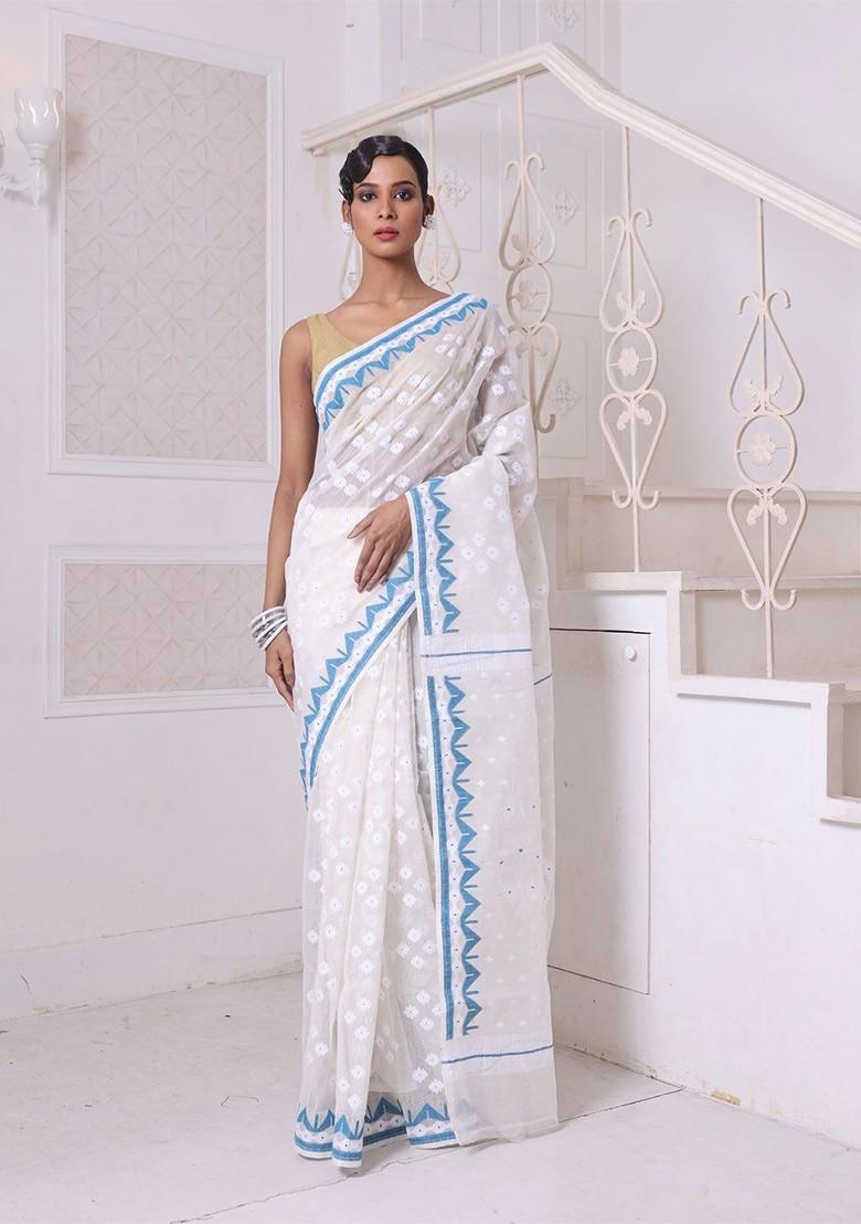 Off White Ethnic Motifs Cotton Jamdani Saree Set