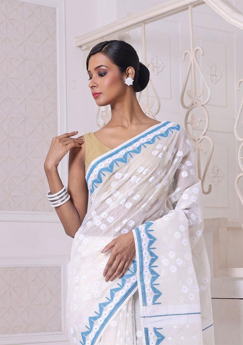 Off White Ethnic Motifs Cotton Jamdani Saree Set